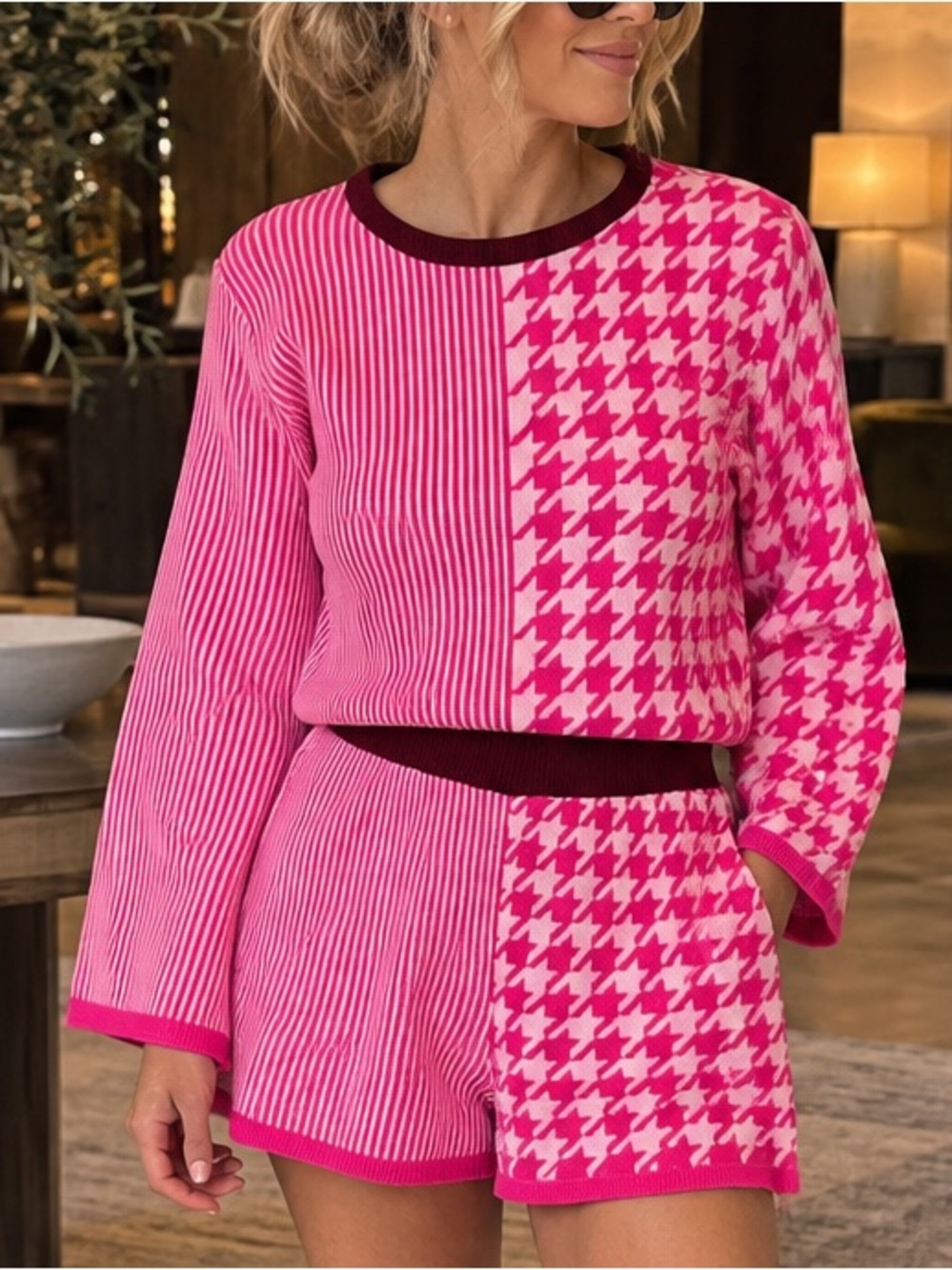 Anthropologie Dolan Sierra Lounge Set Pink Houndstooth Petite XXS